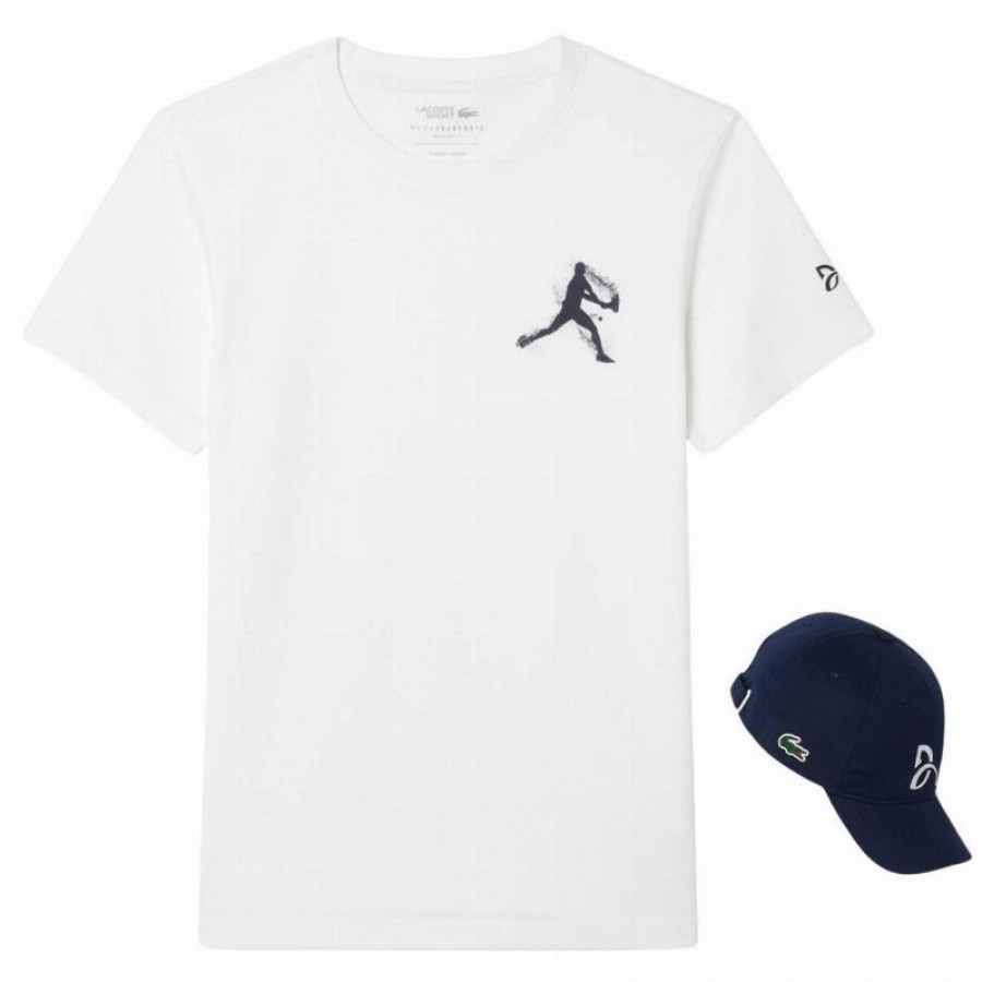 Pack Camiseta Lacoste Novak Djokovic Branca e Boné Azul Marinho  Oferta + Barato